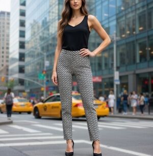 ORSAY White Navy Blue Geometric Pattern Straight Leg Pants EUR 40 M Cotton VG